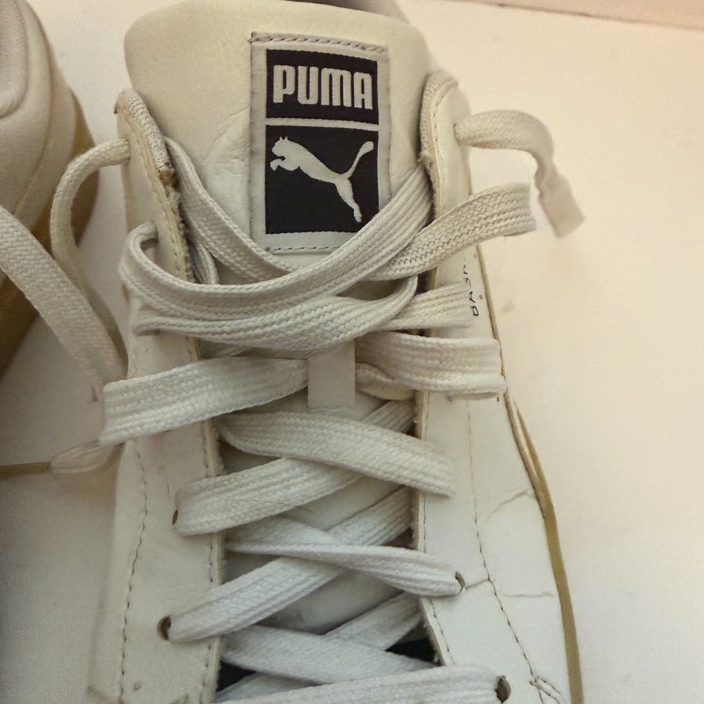 Puma White Leather Sneakers with BlackPatent Leather Toe Men’s 12 - Picture 5 of 14